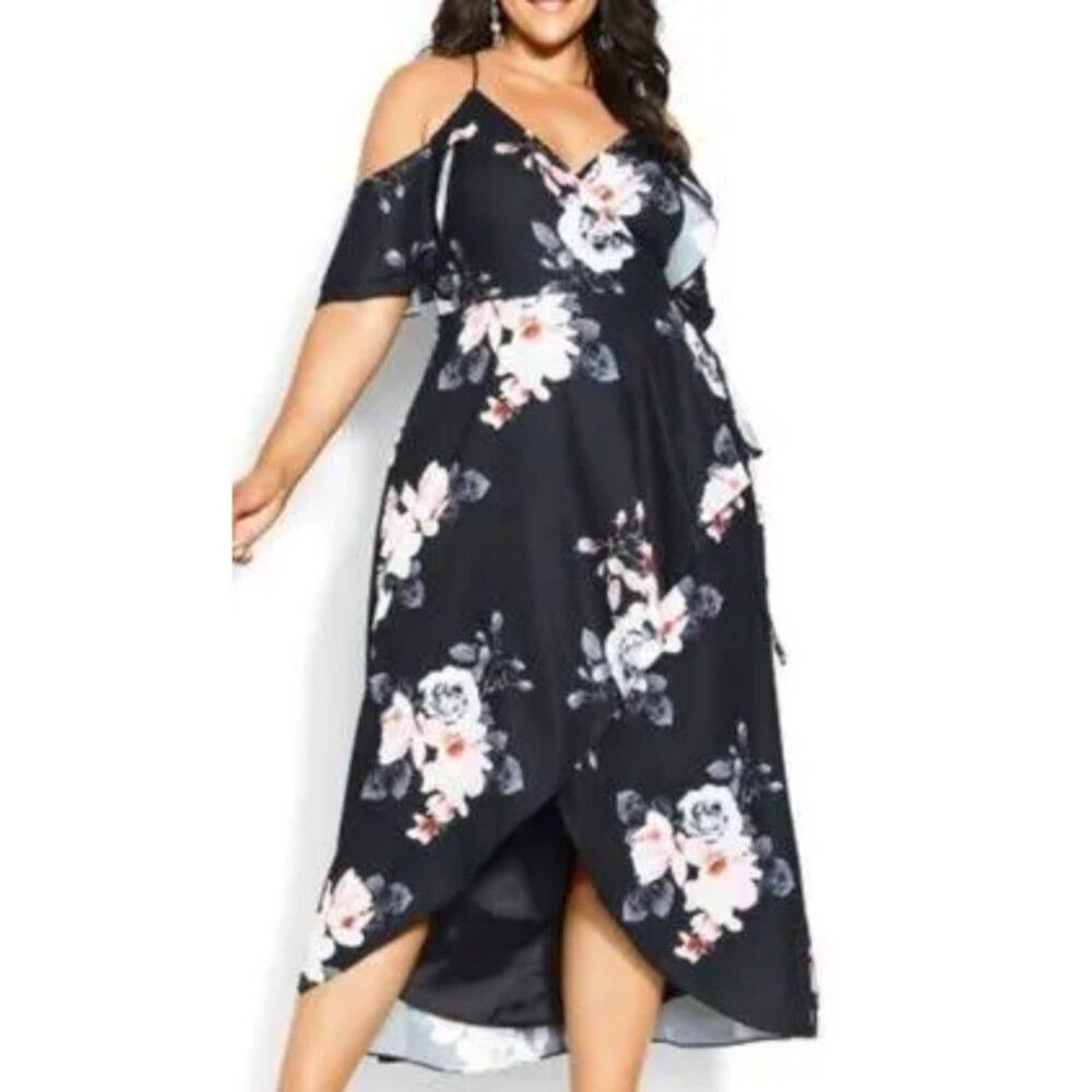 City Chic Black Lotus Floral Cold Shoulder Maxi Dress Plus Size 24 NWT